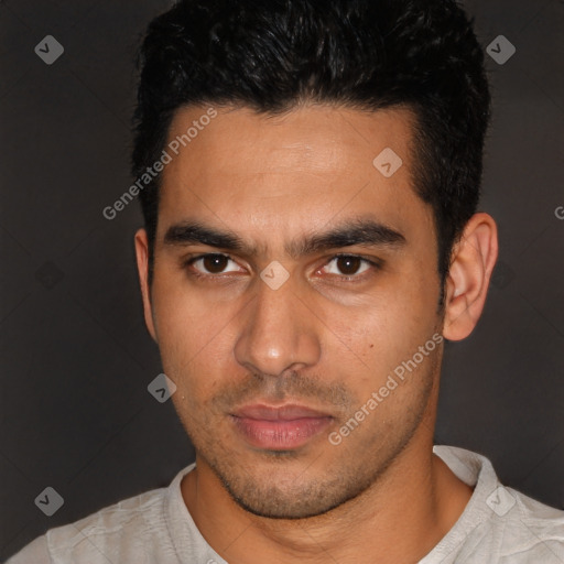 Neutral latino young-adult male with short  black hair and brown eyes