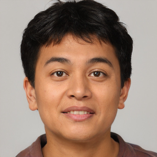Joyful asian young-adult male with short  brown hair and brown eyes
