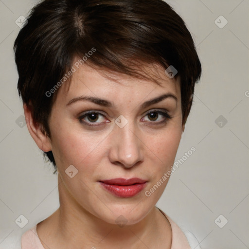 Joyful white young-adult female with medium  brown hair and brown eyes