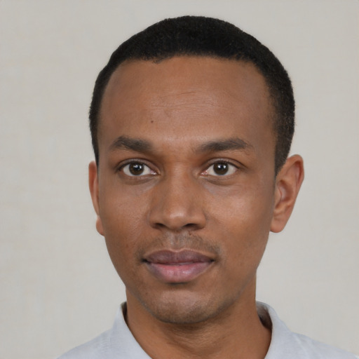 Neutral black young-adult male with short  black hair and brown eyes