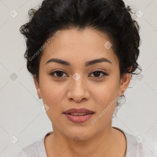 Joyful asian young-adult female with short  black hair and brown eyes