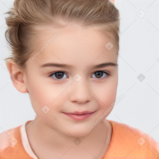 Joyful white child female with short  brown hair and brown eyes