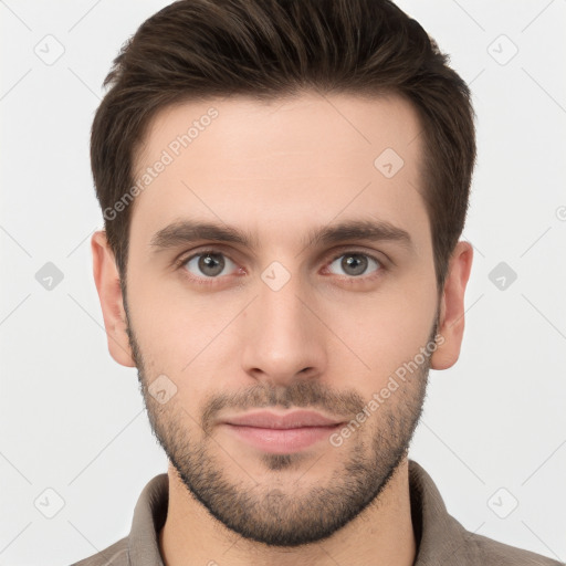 Neutral white young-adult male with short  brown hair and brown eyes