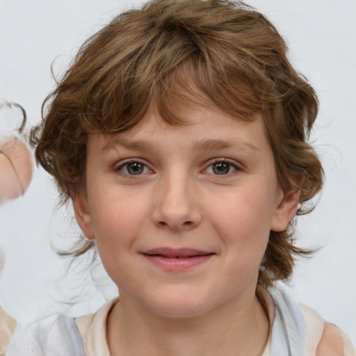 Joyful white child female with medium  brown hair and blue eyes