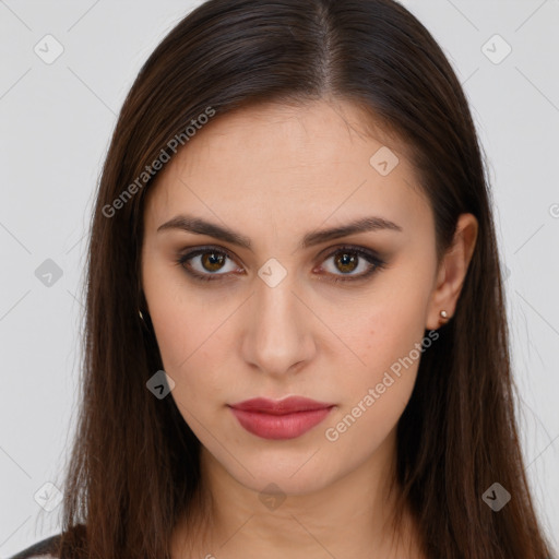 Neutral white young-adult female with long  brown hair and brown eyes