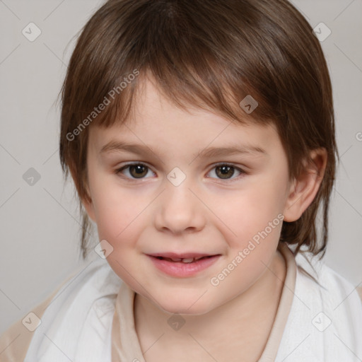 Joyful white child female with medium  brown hair and brown eyes