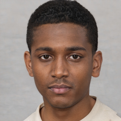 Neutral black young-adult male with short  black hair and brown eyes