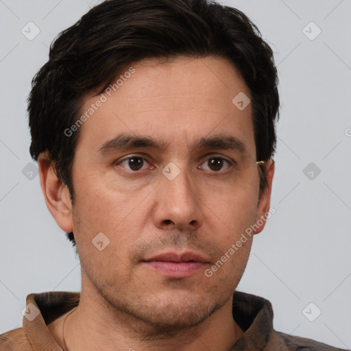 Neutral white adult male with short  brown hair and brown eyes