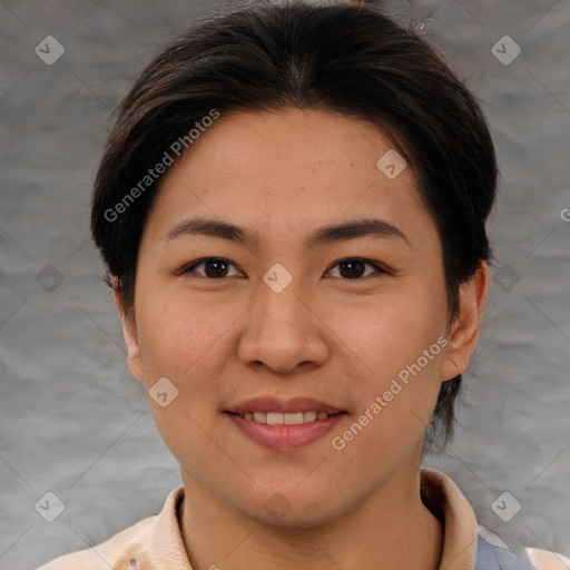 Joyful asian young-adult female with medium  brown hair and brown eyes