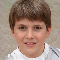 Joyful white child female with short  brown hair and brown eyes