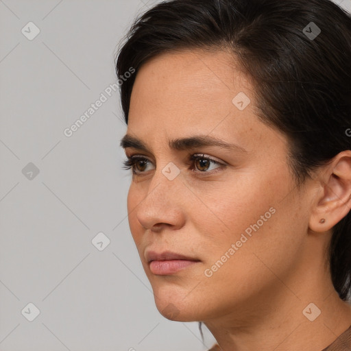 Neutral white young-adult female with short  brown hair and brown eyes