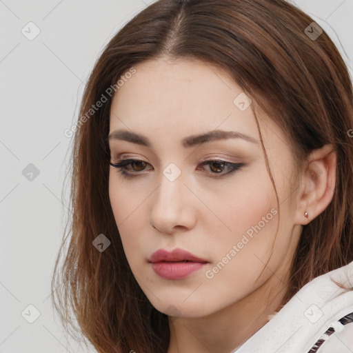 Neutral white young-adult female with medium  brown hair and brown eyes