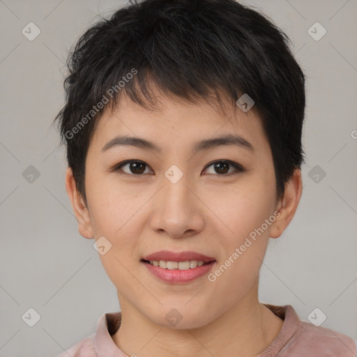 Joyful asian young-adult female with short  brown hair and brown eyes