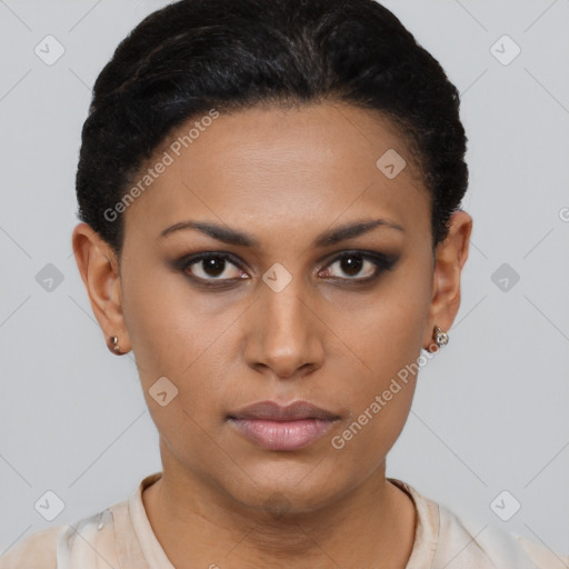 Neutral latino young-adult female with short  black hair and brown eyes