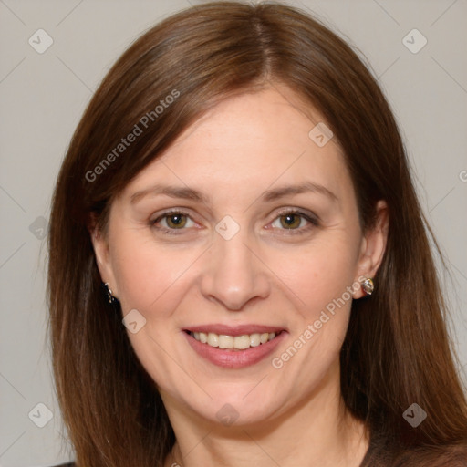 Joyful white adult female with medium  brown hair and brown eyes