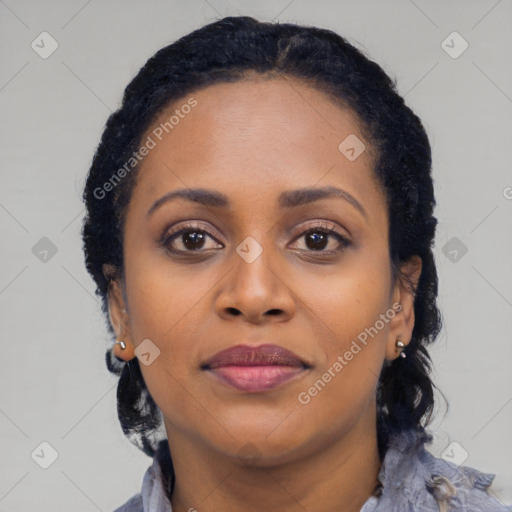 Neutral black young-adult female with long  black hair and brown eyes