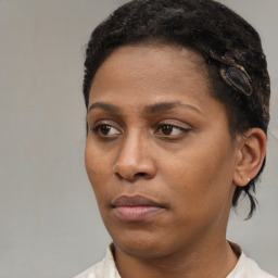 Neutral black young-adult female with short  black hair and brown eyes