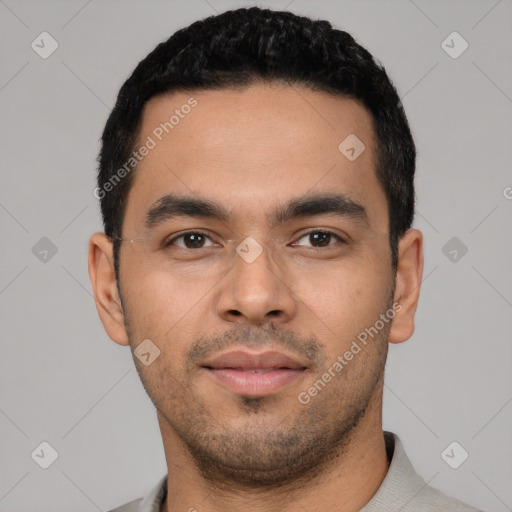 Neutral latino young-adult male with short  black hair and brown eyes