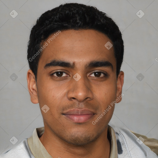 Neutral latino young-adult male with short  black hair and brown eyes