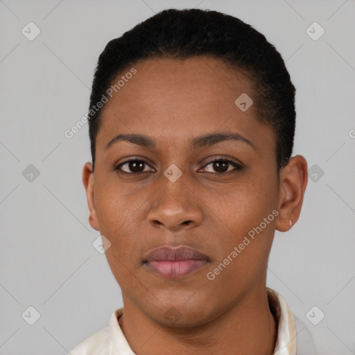 Neutral black young-adult female with short  black hair and brown eyes