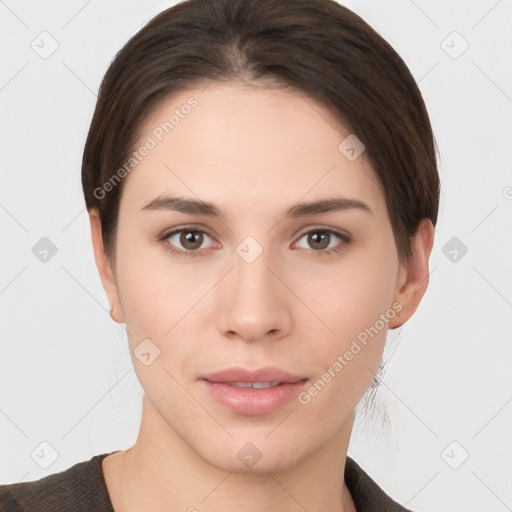 Neutral white young-adult female with short  brown hair and brown eyes