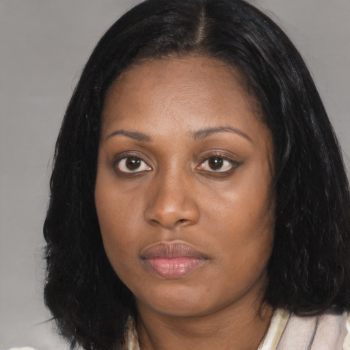 Neutral asian adult female with medium  brown hair and brown eyes