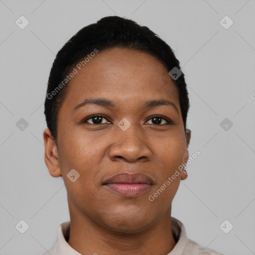 Joyful black young-adult female with short  black hair and brown eyes