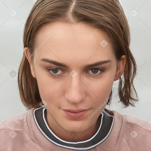 Neutral white young-adult female with medium  brown hair and brown eyes