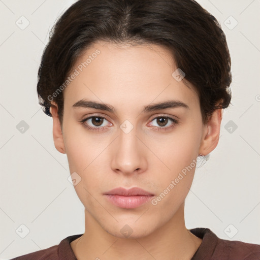 Neutral white young-adult female with short  brown hair and brown eyes