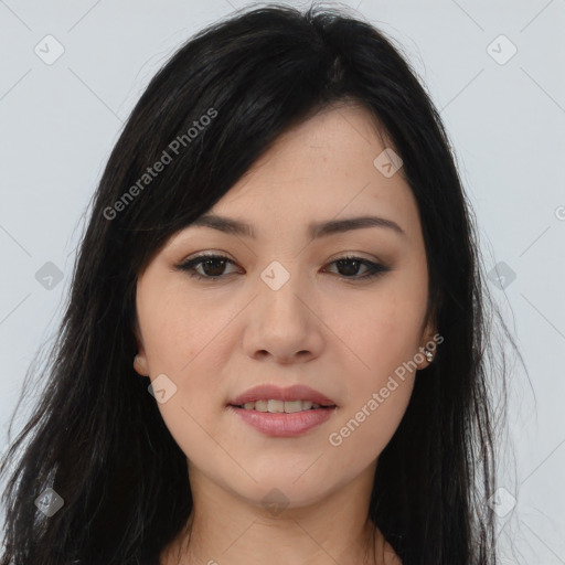 Joyful asian young-adult female with long  brown hair and brown eyes