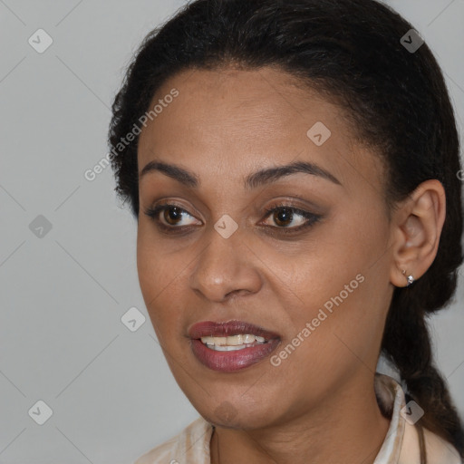 Joyful black young-adult female with medium  brown hair and brown eyes