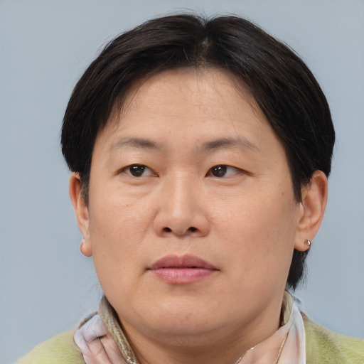 Joyful asian adult female with short  brown hair and brown eyes