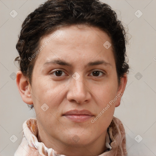 Joyful white adult female with short  brown hair and brown eyes