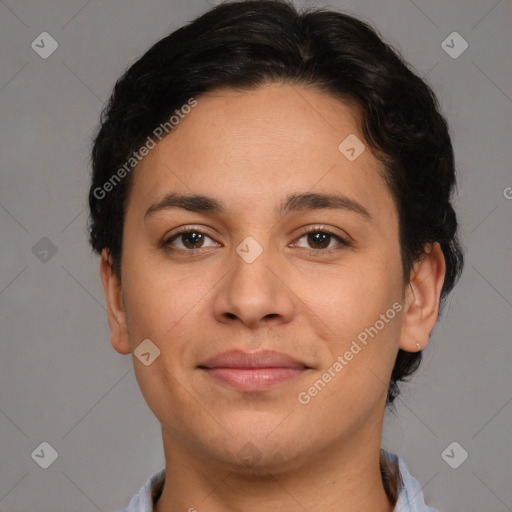 Joyful white young-adult female with short  brown hair and brown eyes