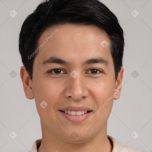 Joyful asian young-adult male with short  brown hair and brown eyes