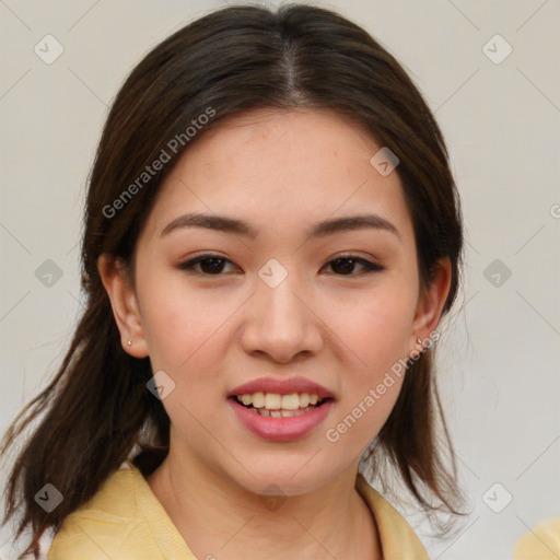 Joyful white young-adult female with medium  brown hair and brown eyes