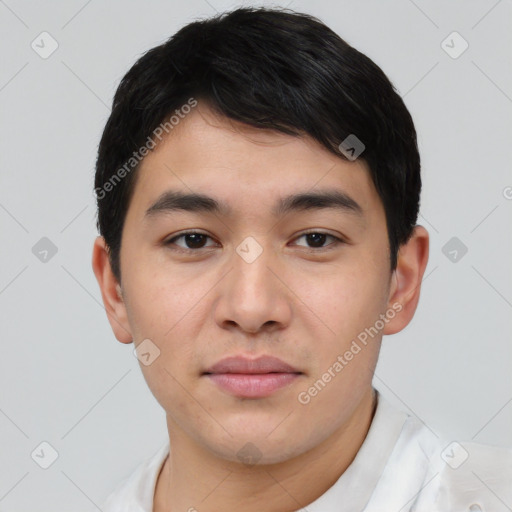 Neutral asian young-adult male with short  black hair and brown eyes