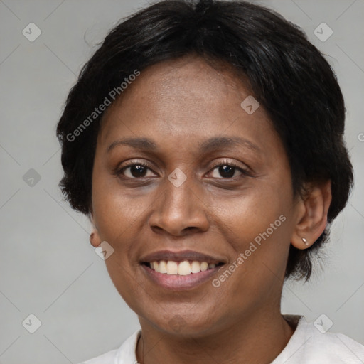 Joyful black adult female with short  brown hair and brown eyes