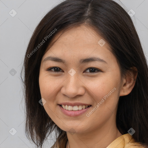 Joyful white young-adult female with long  brown hair and brown eyes