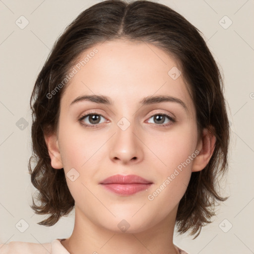 Neutral white young-adult female with medium  brown hair and brown eyes