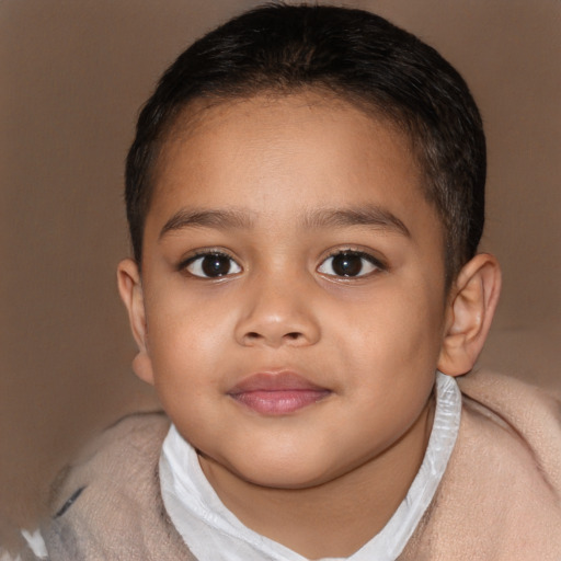 Joyful latino child female with short  brown hair and brown eyes