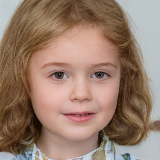 Joyful white child female with medium  brown hair and brown eyes