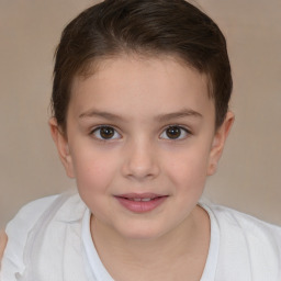 Joyful white child female with short  brown hair and brown eyes