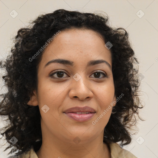 Joyful black young-adult female with medium  brown hair and brown eyes