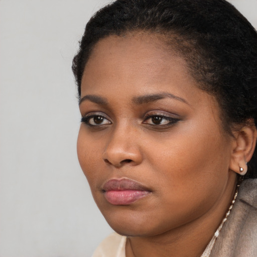 Neutral black young-adult female with short  black hair and brown eyes