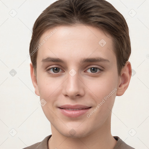 Joyful white young-adult female with short  brown hair and grey eyes