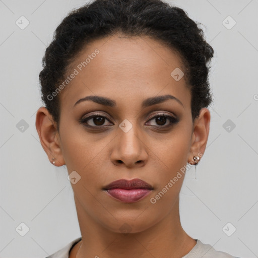 Joyful latino young-adult female with short  brown hair and brown eyes