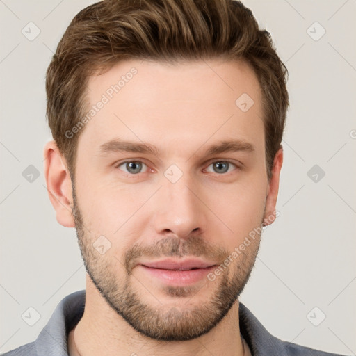 Neutral white young-adult male with short  brown hair and grey eyes