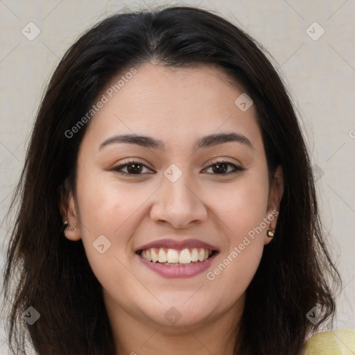 Joyful latino young-adult female with long  brown hair and brown eyes