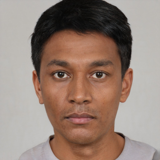 Neutral asian young-adult male with short  black hair and brown eyes